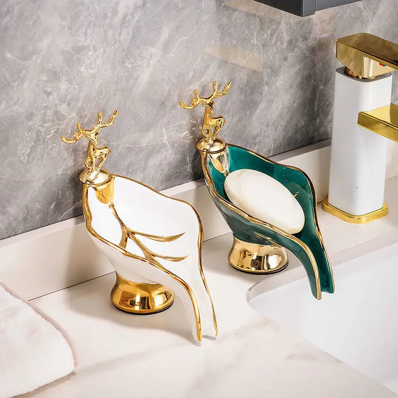 Self-draining Soap Dish Leaf Shaped Soap Box With Deer Decoration Soap Holder For Bathroom Kitchen Home Bathroom Decor