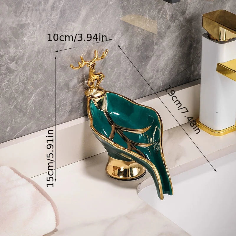 Self-draining Soap Dish Leaf Shaped Soap Box With Deer Decoration Soap Holder For Bathroom Kitchen Home Bathroom Decor