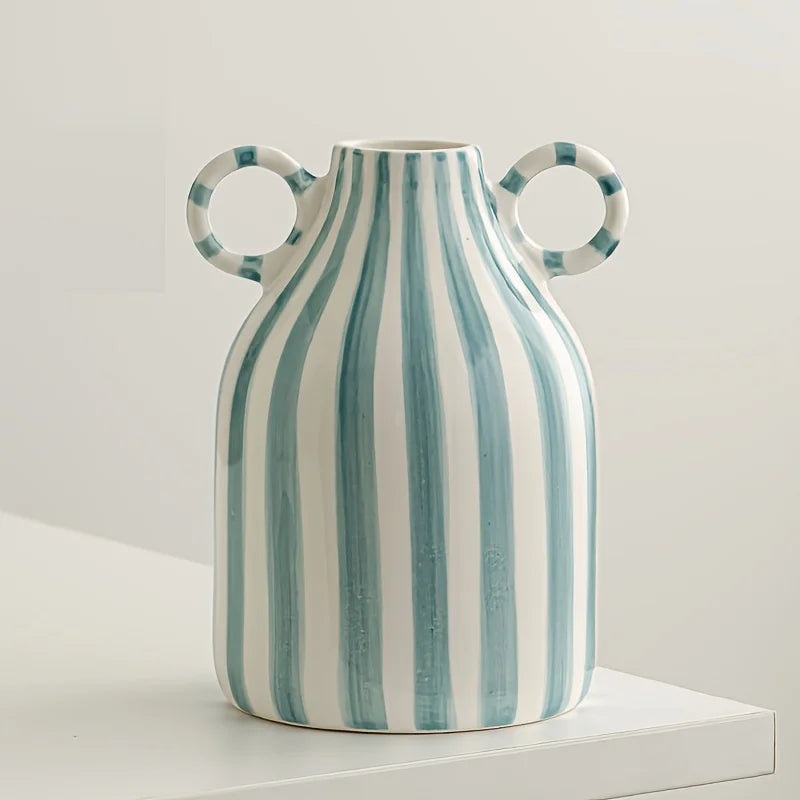 Hand-Painted Ceramic Vase with Dual Handles - Striped, Cylinder Design for Living Room Decor, Earthenware, Decorative Ornaments