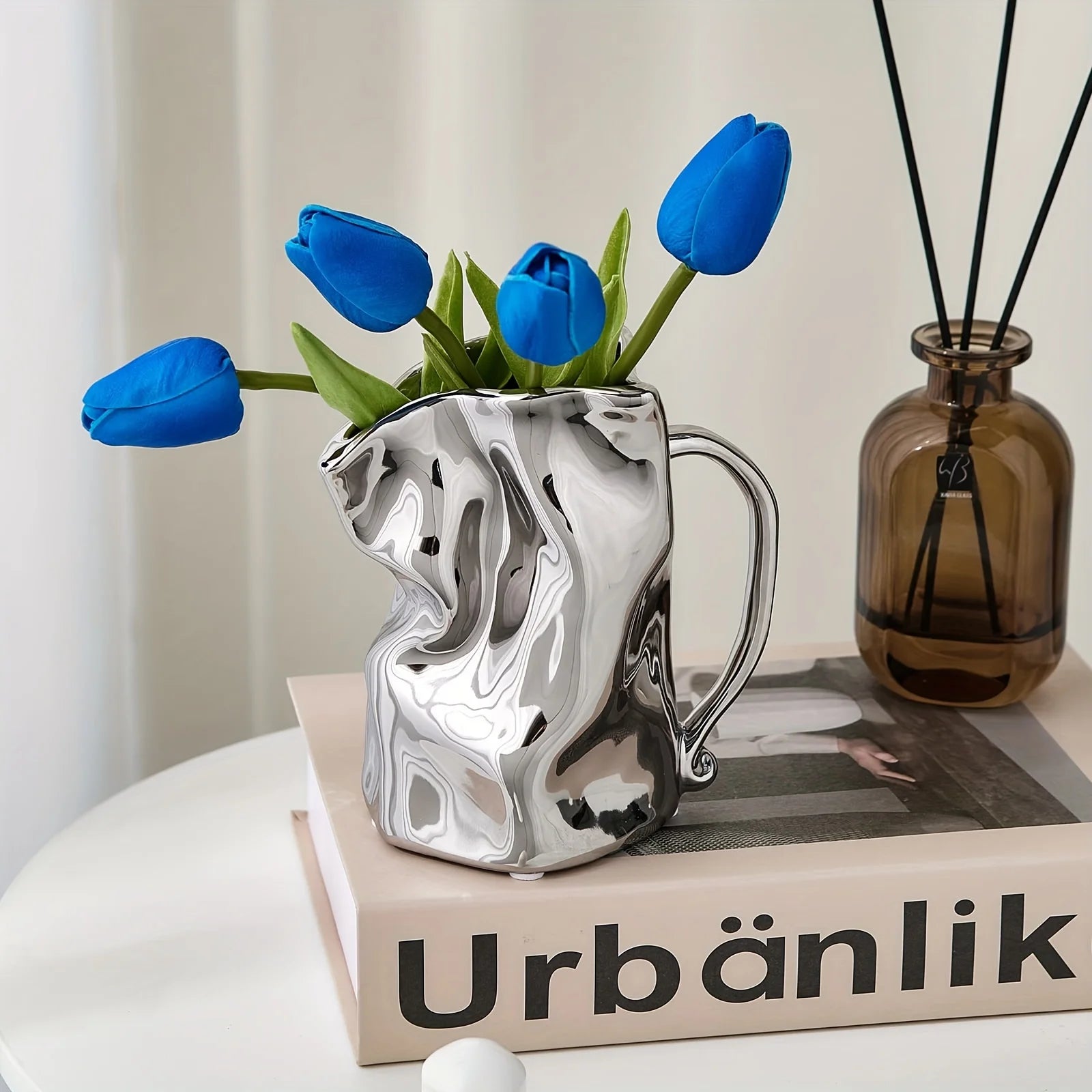 Creative Pleated Paper Bag Silvery Ceramic Vase Unique Aesthetic Vases For Living Room Coffee Table Bathroom Table Decor