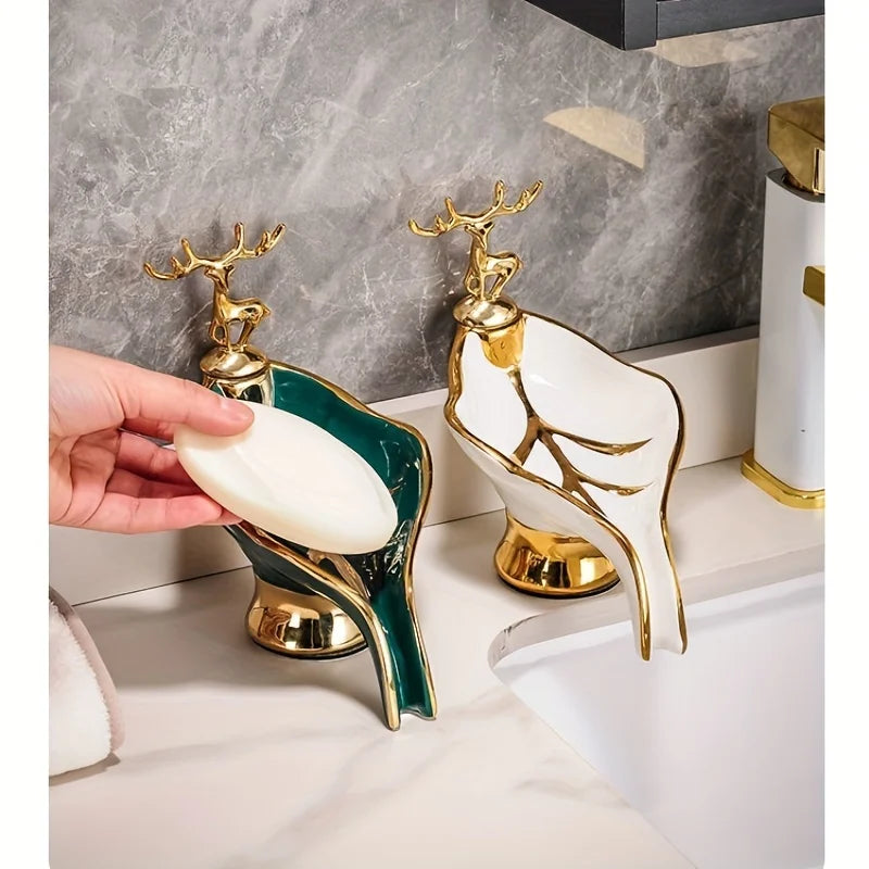 Self-draining Soap Dish Leaf Shaped Soap Box With Deer Decoration Soap Holder For Bathroom Kitchen Home Bathroom Decor