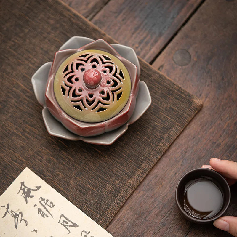 Ancient Pottery Lotus Incense Burner Hand Painted Ceramic Aromatherapy Decor