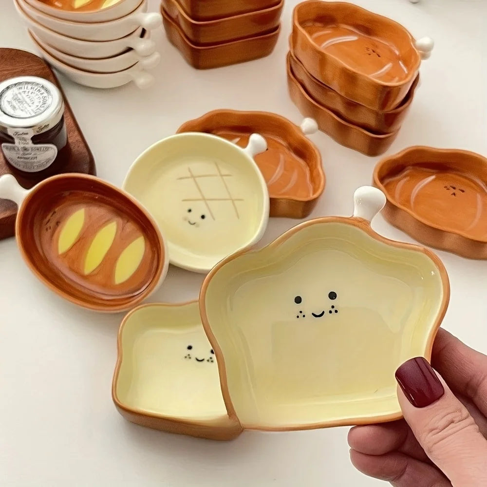 Cute Bread Shaped Ceramic Sauce Dish Creative Home Snack Plate with Handle for Hotpot