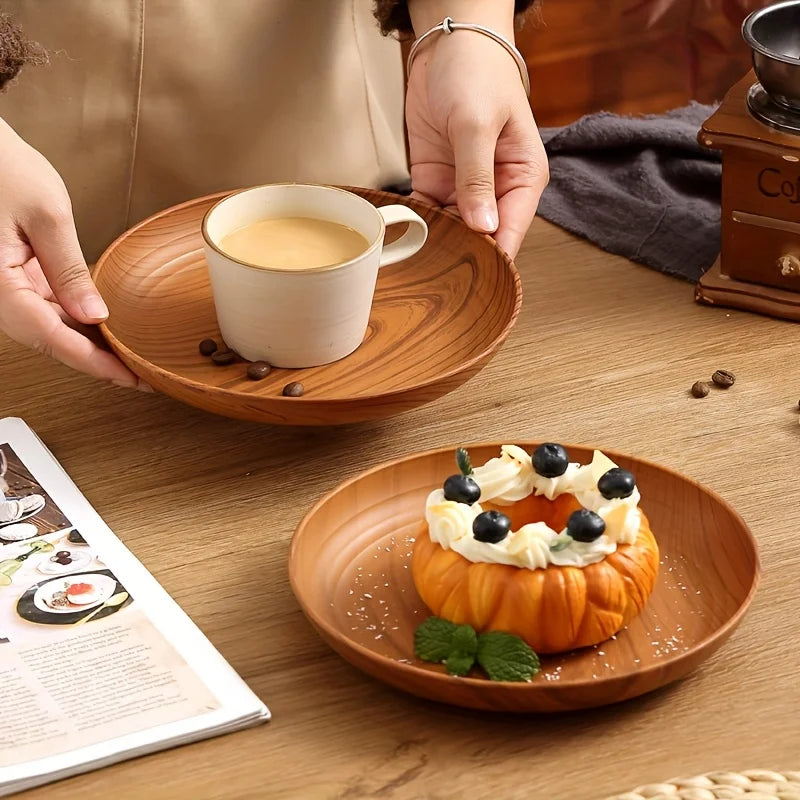 Cross Border Wood Grain Round Plate Dish Plate for Home Fruit Dessert Coffee Cake Plastic Tray
