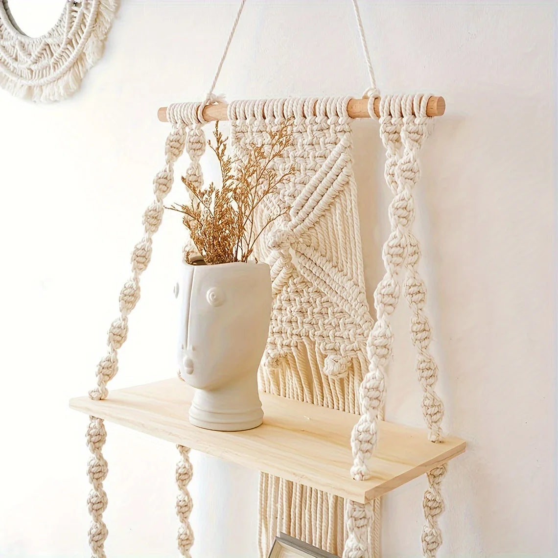 Bohemian Macramé Wall Shelf-Handmade Rope Hanging Storage with Wooden Plank,Decorative Tassels & Beads