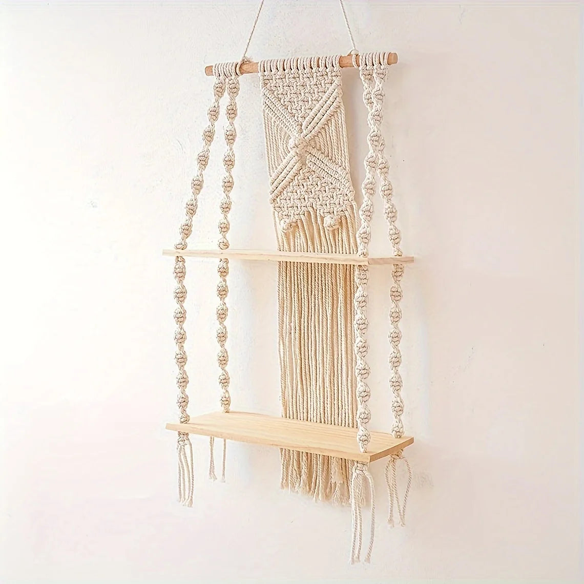Bohemian Macramé Wall Shelf-Handmade Rope Hanging Storage with Wooden Plank,Decorative Tassels & Beads