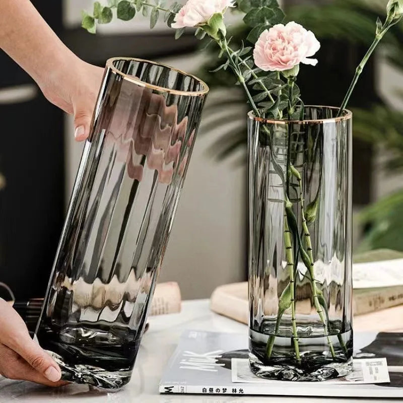 Smoke Gray Transparent Glass Vase with Floral Base for Fresh Flowers Lucky Bamboo Home Decor