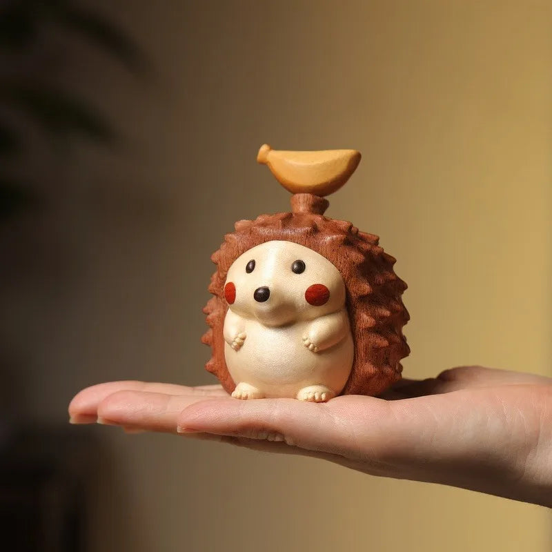 Cute Beech Wood Durian Hedgehog Decor Anxiety Relief Home Office Desk Ornament Tea Pet