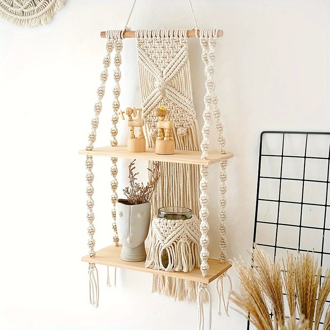Bohemian Macramé Wall Shelf-Handmade Rope Hanging Storage with Wooden Plank,Decorative Tassels & Beads