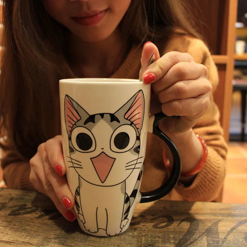 Creative Cute Large Capacity Ceramic Mug with Lid Spoon Straw for Office Home Use