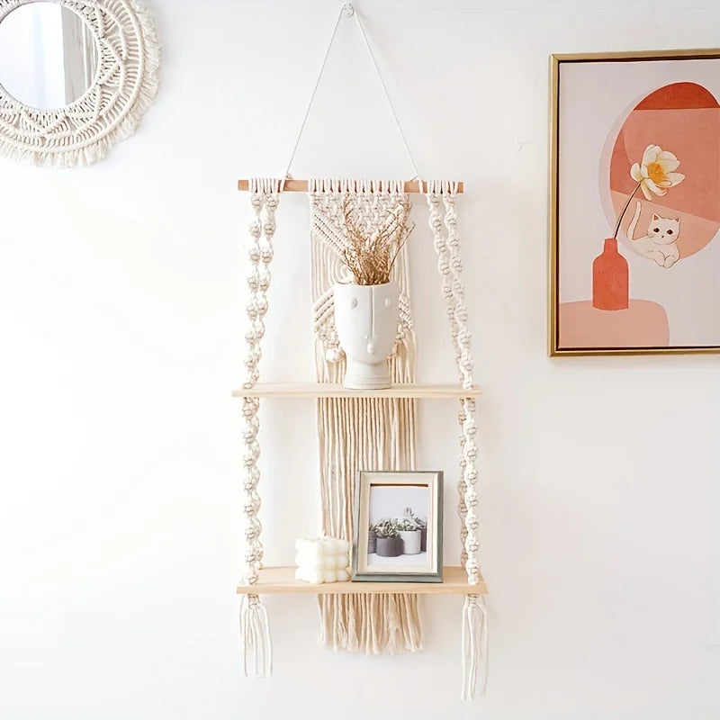 Bohemian Macramé Wall Shelf-Handmade Rope Hanging Storage with Wooden Plank,Decorative Tassels & Beads