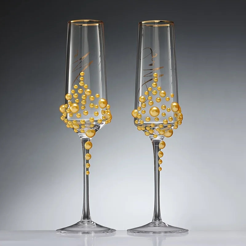 2pcs Elegant Pearl Crystal Champagne Glasses with Cursive Script Design .Handcrafted Clear Glassware for Weddings