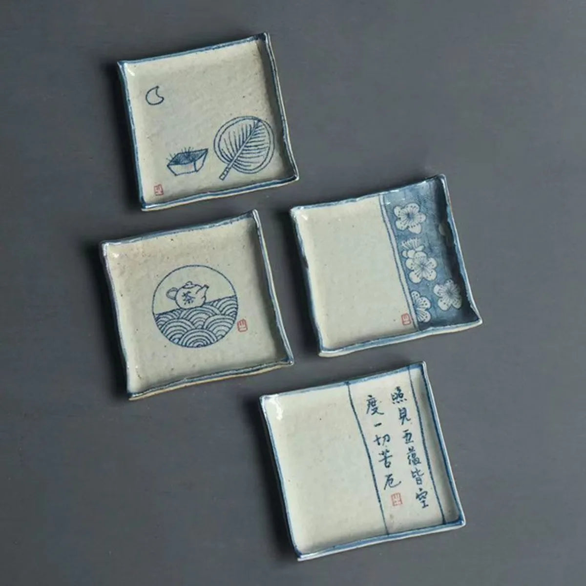 Handmade Ceramic Tea Coaster Square Cup Holder Blue White Porcelain Kung Fu Tea Set Zen Style