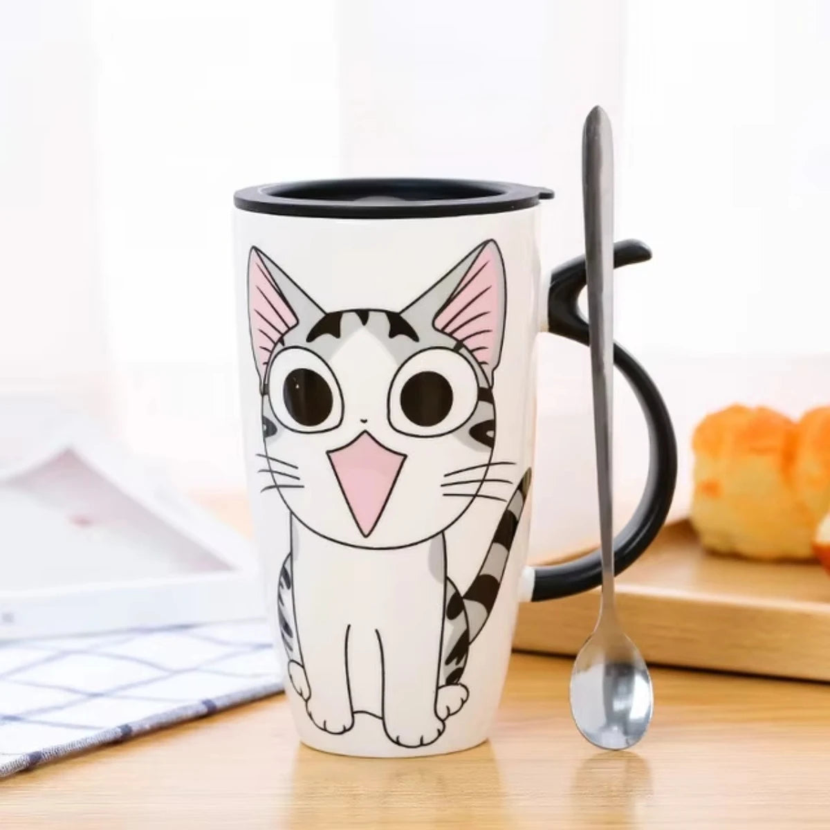 Creative Cute Large Capacity Ceramic Mug with Lid Spoon Straw for Office Home Use