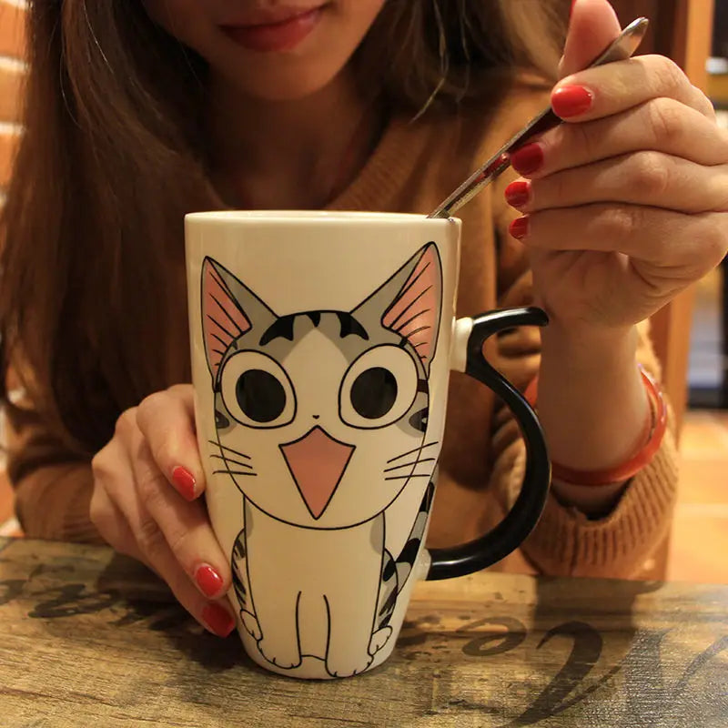 Creative Cute Large Capacity Ceramic Mug with Lid Spoon Straw for Office Home Use