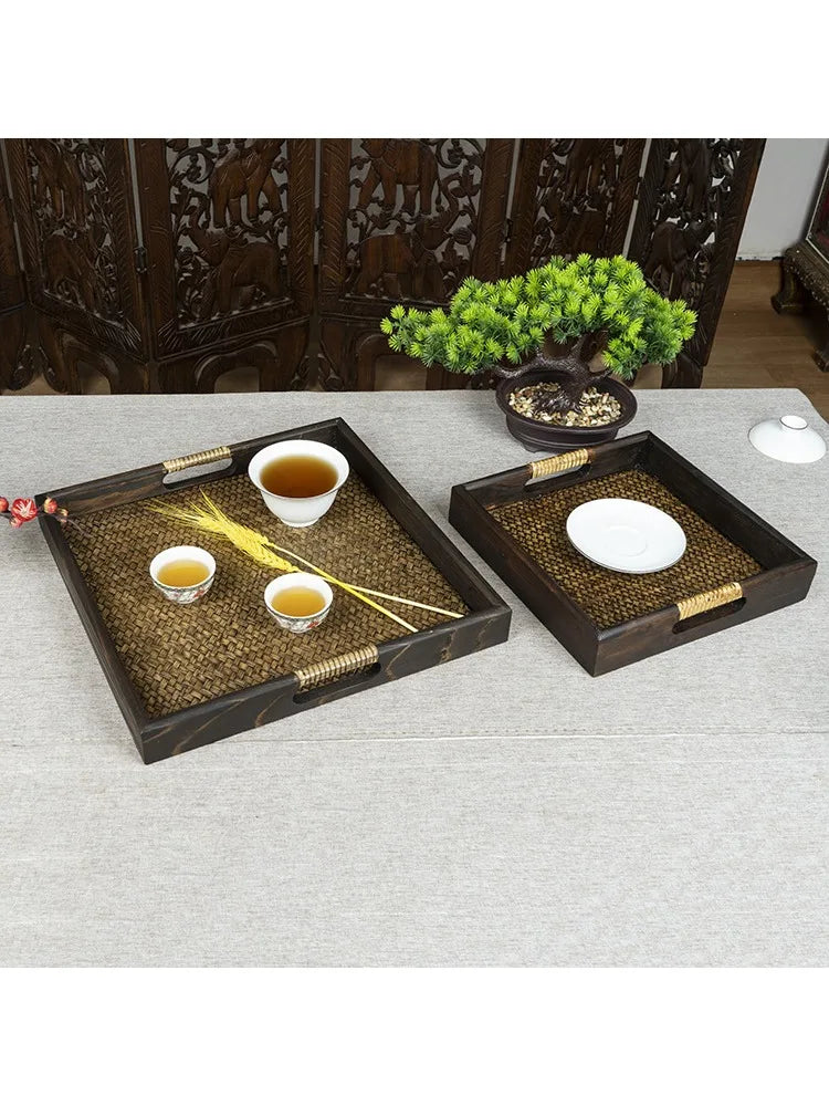 Thai Style Rattan Wooden Tray Southeast Asian Beauty Salon Hotel Tea Cup Storage Serving Tray