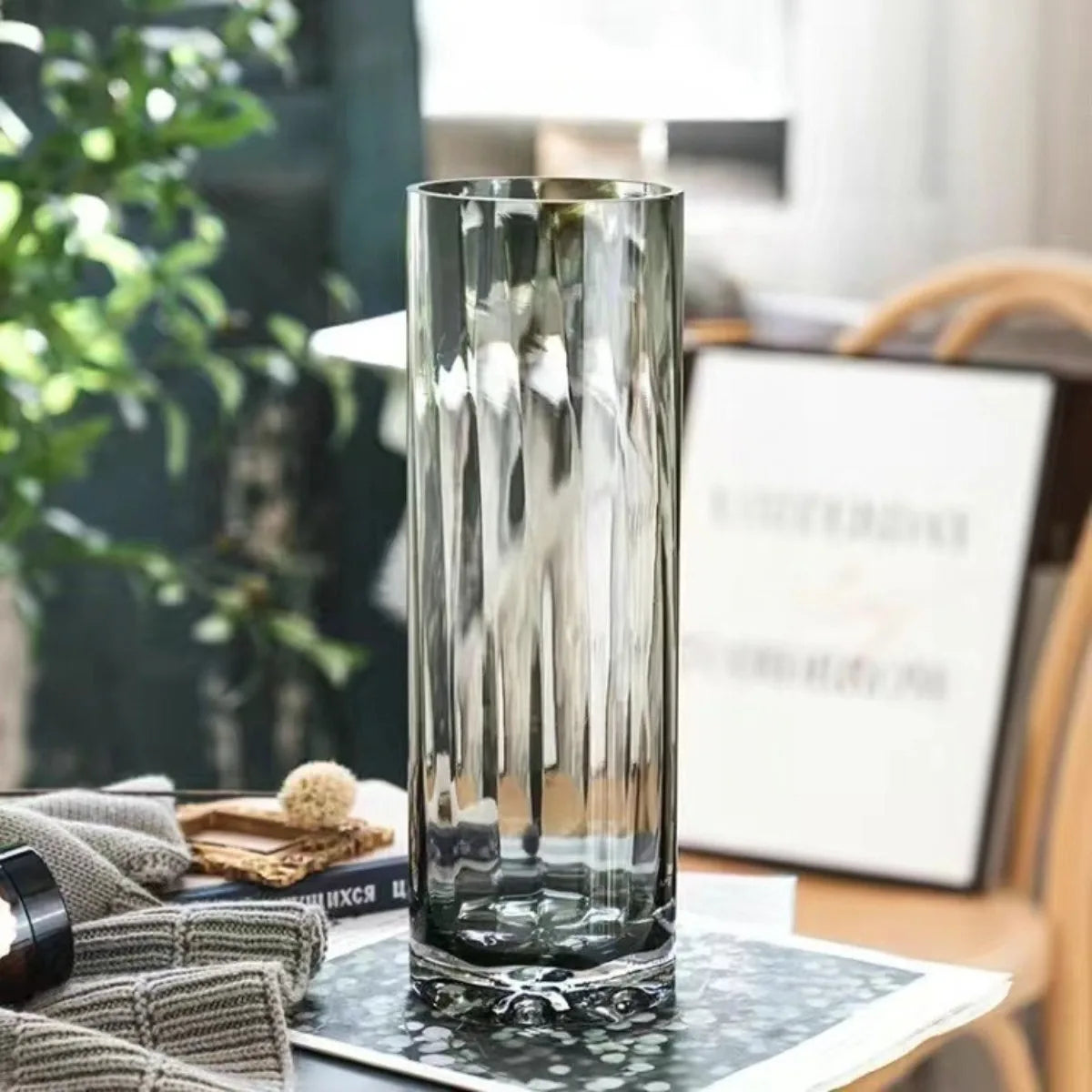 Smoke Gray Transparent Glass Vase with Floral Base for Fresh Flowers Lucky Bamboo Home Decor