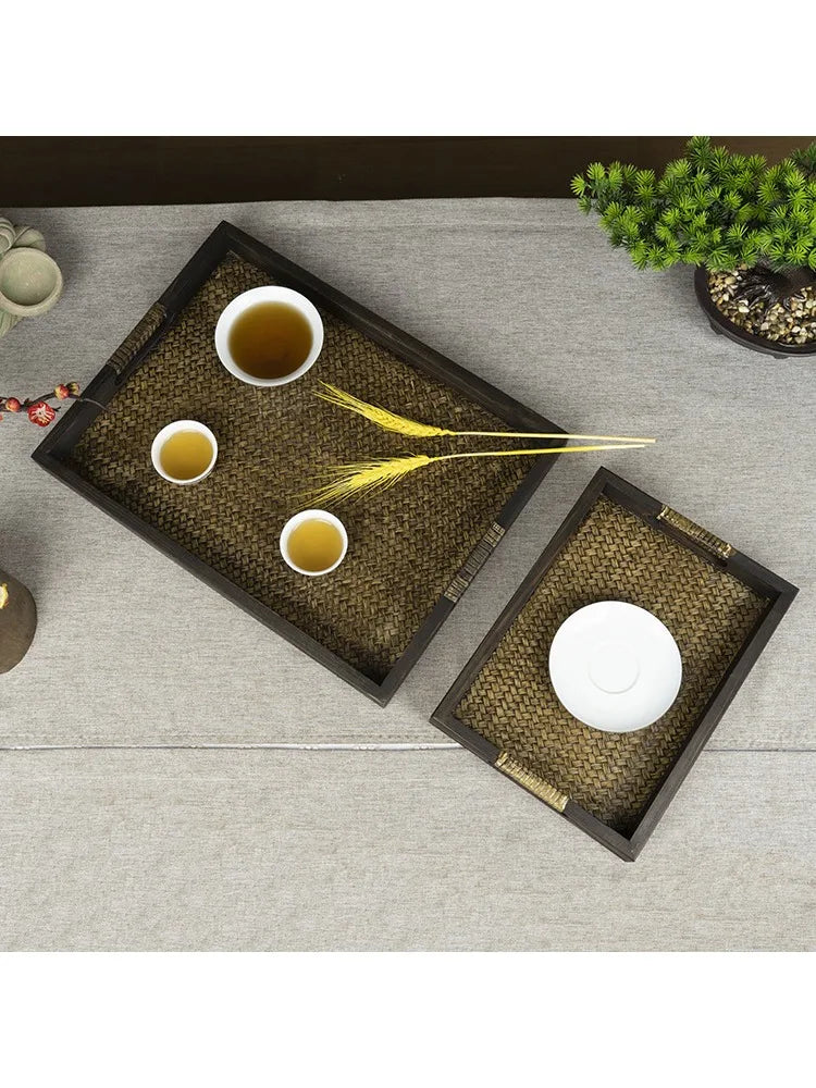 Thai Style Rattan Wooden Tray Southeast Asian Beauty Salon Hotel Tea Cup Storage Serving Tray