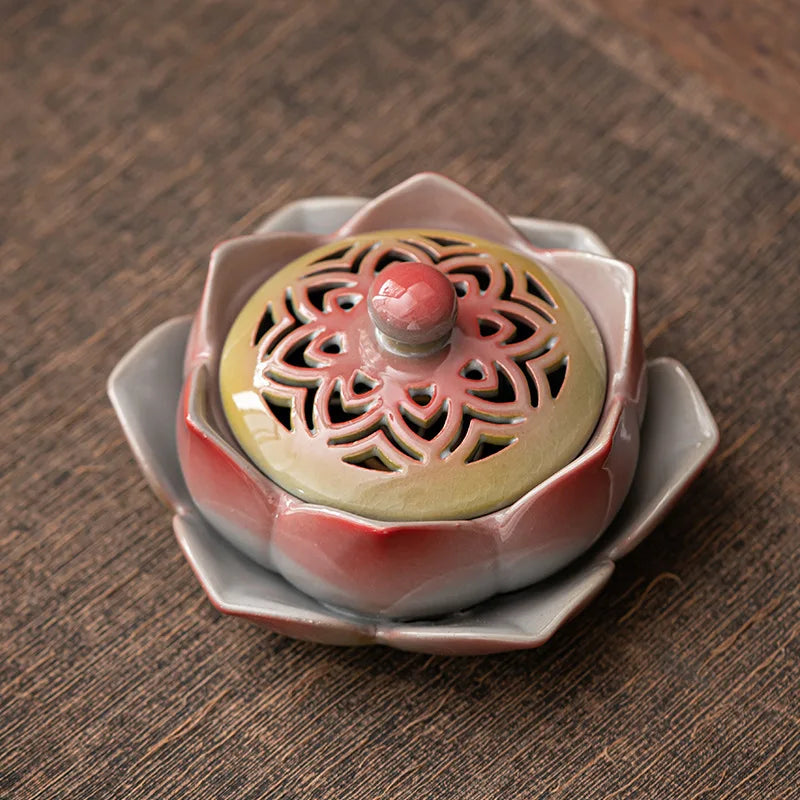 Ancient Pottery Lotus Incense Burner Hand Painted Ceramic Aromatherapy Decor