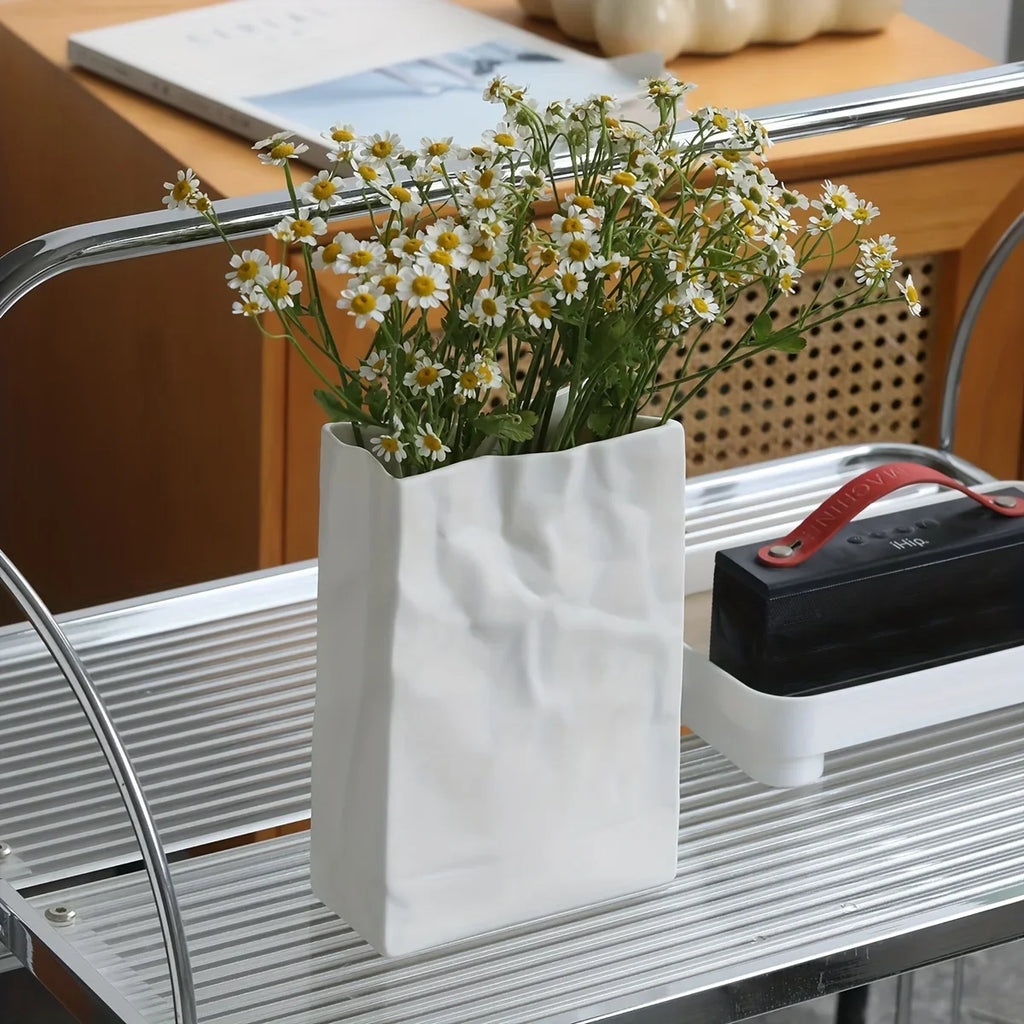 1pc Crinkle Paper Bag Vase, Minimalist Nordic Boho Style Ceramic Vase for Modern Home Decor, Wedding Party, Gift