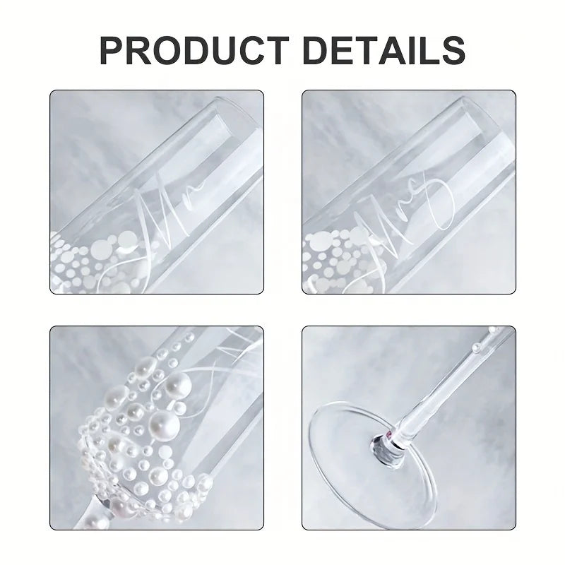 2pcs Elegant Pearl Crystal Champagne Glasses with Cursive Script Design .Handcrafted Clear Glassware for Weddings