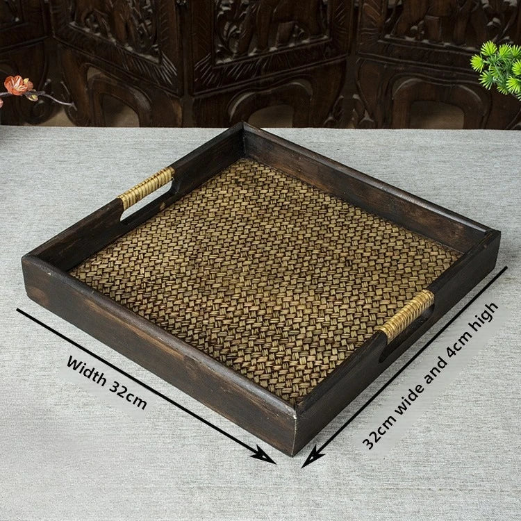 Thai Style Rattan Wooden Tray Southeast Asian Beauty Salon Hotel Tea Cup Storage Serving Tray