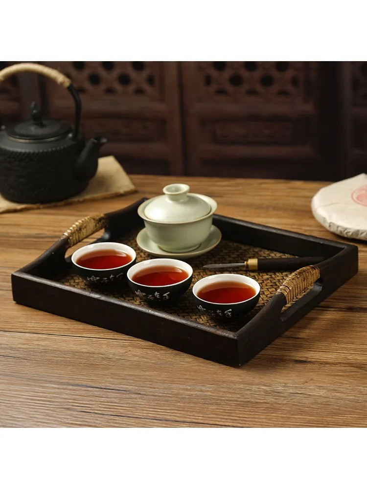 Thai Style Rattan Wooden Tray Southeast Asian Beauty Salon Hotel Tea Cup Storage Serving Tray