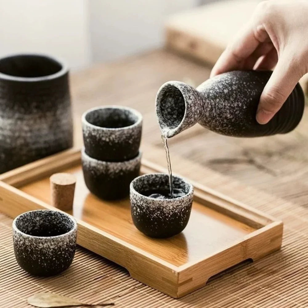 Japanese Ceramic Sake Set with Warmer and Cups for Home Use