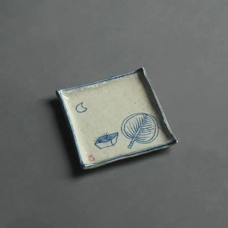 Handmade Ceramic Tea Coaster Square Cup Holder Blue White Porcelain Kung Fu Tea Set Zen Style