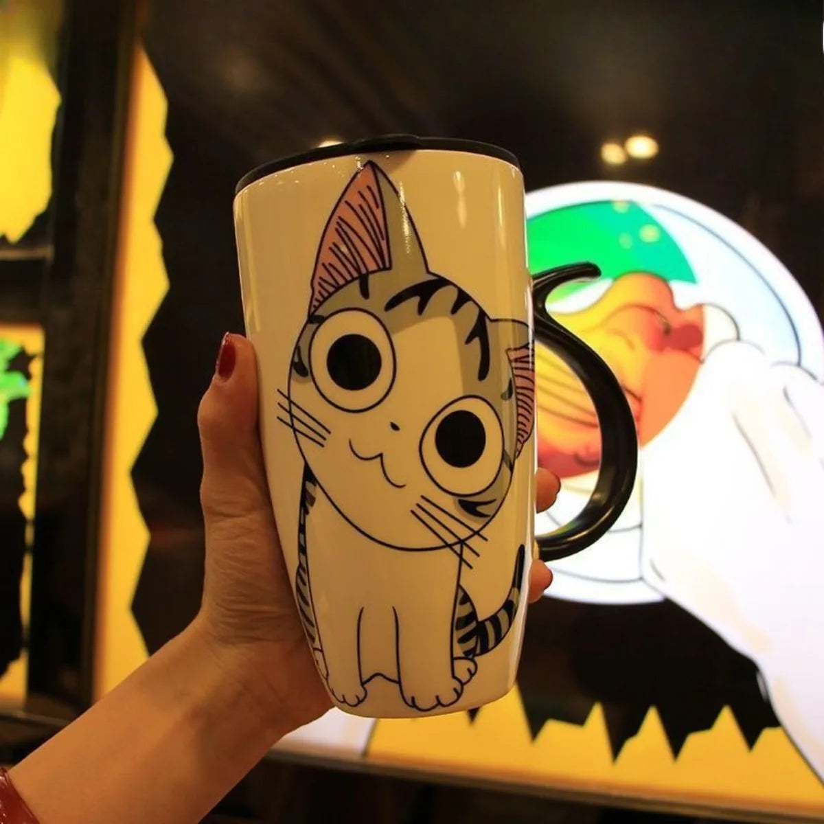 Creative Cute Large Capacity Ceramic Mug with Lid Spoon Straw for Office Home Use