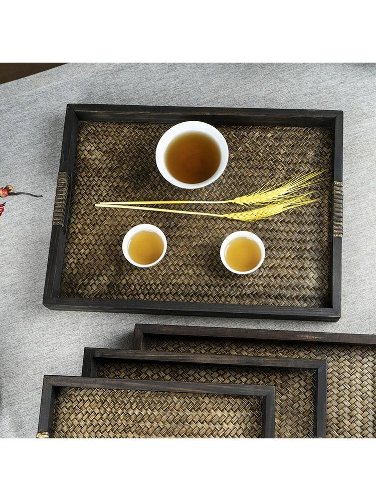 Thai Style Rattan Wooden Tray Southeast Asian Beauty Salon Hotel Tea Cup Storage Serving Tray