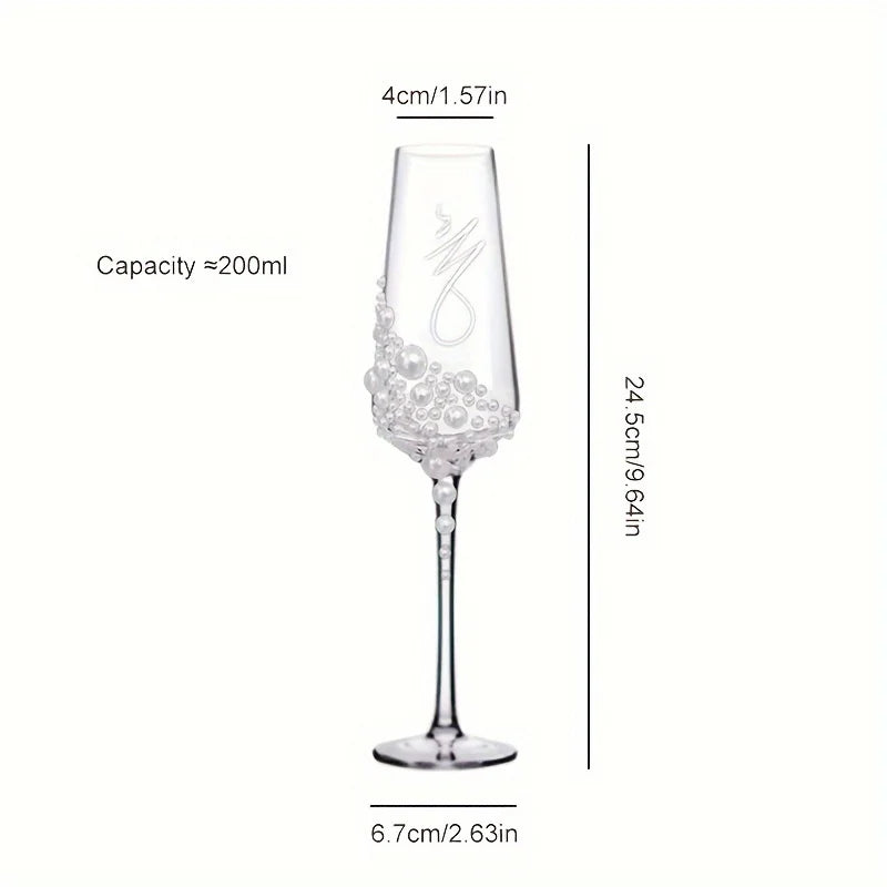 2pcs Elegant Pearl Crystal Champagne Glasses with Cursive Script Design .Handcrafted Clear Glassware for Weddings