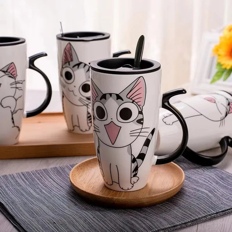 Creative Cute Large Capacity Ceramic Mug with Lid Spoon Straw for Office Home Use