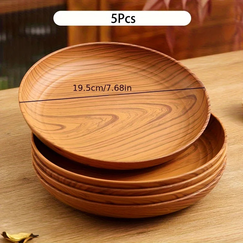 Cross Border Wood Grain Round Plate Dish Plate for Home Fruit Dessert Coffee Cake Plastic Tray