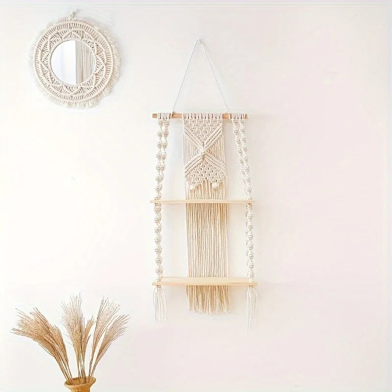 Bohemian Macramé Wall Shelf-Handmade Rope Hanging Storage with Wooden Plank,Decorative Tassels & Beads