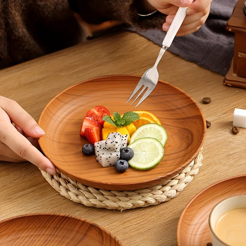 Cross Border Wood Grain Round Plate Dish Plate for Home Fruit Dessert Coffee Cake Plastic Tray