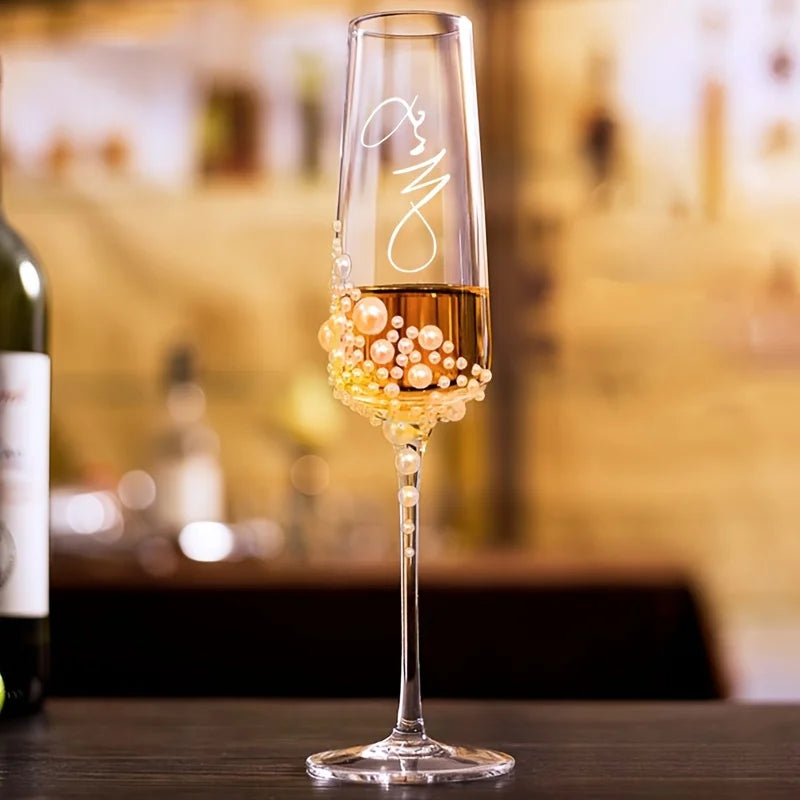 2pcs Elegant Pearl Crystal Champagne Glasses with Cursive Script Design .Handcrafted Clear Glassware for Weddings