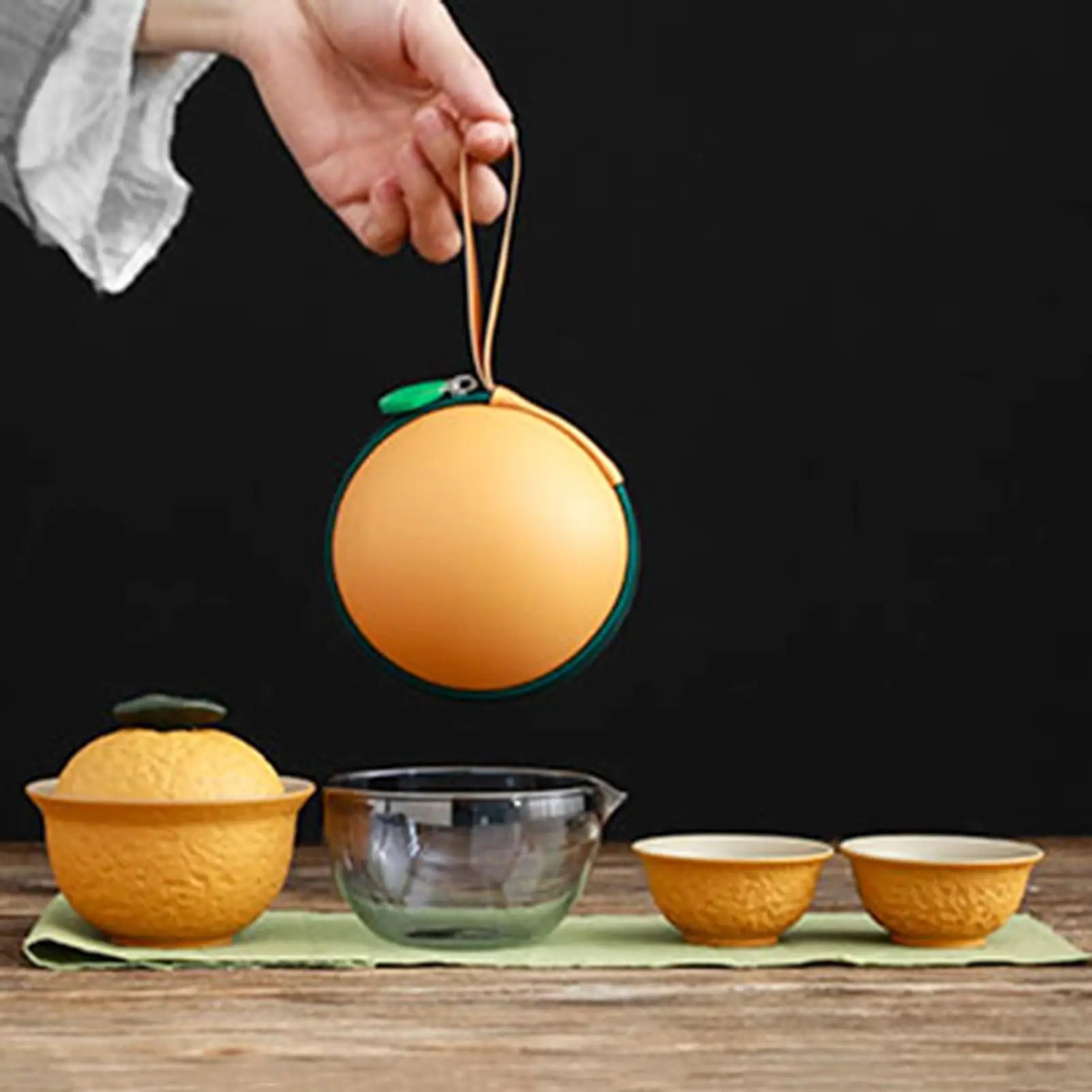 Portable Teapot Set .Travel Kungfu Tea Cup Tangerine Shape Mini Chinese Ceramic Teapot Tea Cup With Travel Bag