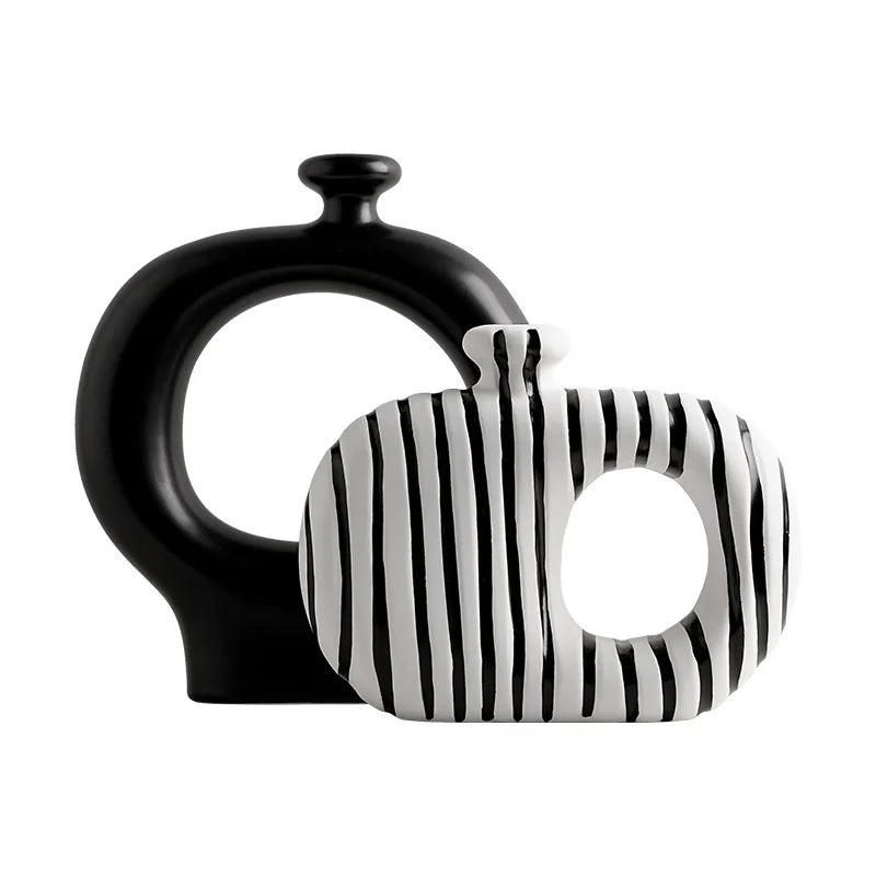 Beihanmei Creative Retro Black White Striped Ceramic Vase for Flower Arrangement Living Room Decor