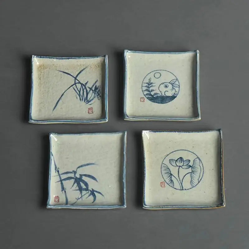 Handmade Ceramic Tea Coaster Square Cup Holder Blue White Porcelain Kung Fu Tea Set Zen Style