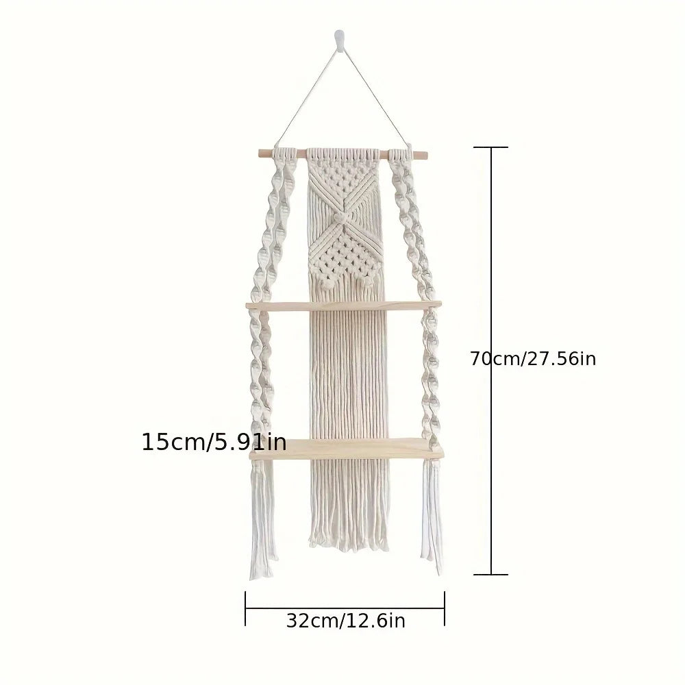 Bohemian Macramé Wall Shelf-Handmade Rope Hanging Storage with Wooden Plank,Decorative Tassels & Beads
