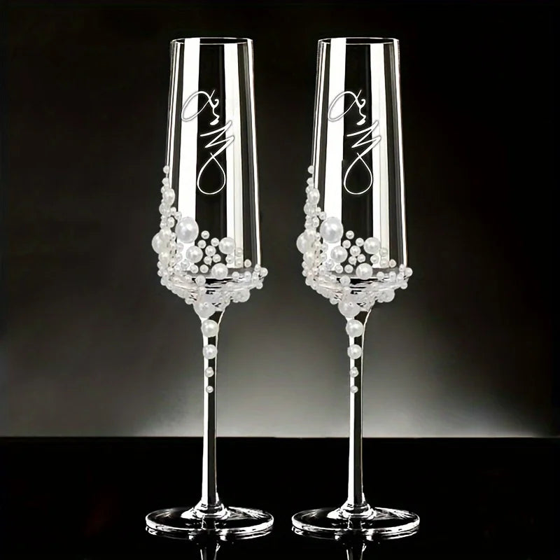 2pcs Elegant Pearl Crystal Champagne Glasses with Cursive Script Design .Handcrafted Clear Glassware for Weddings