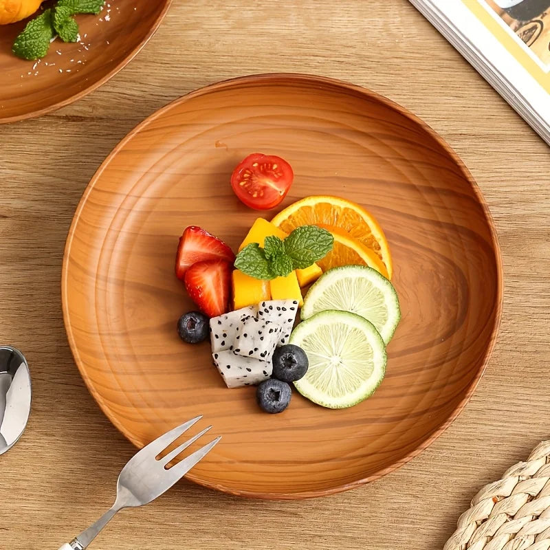 Cross Border Wood Grain Round Plate Dish Plate for Home Fruit Dessert Coffee Cake Plastic Tray