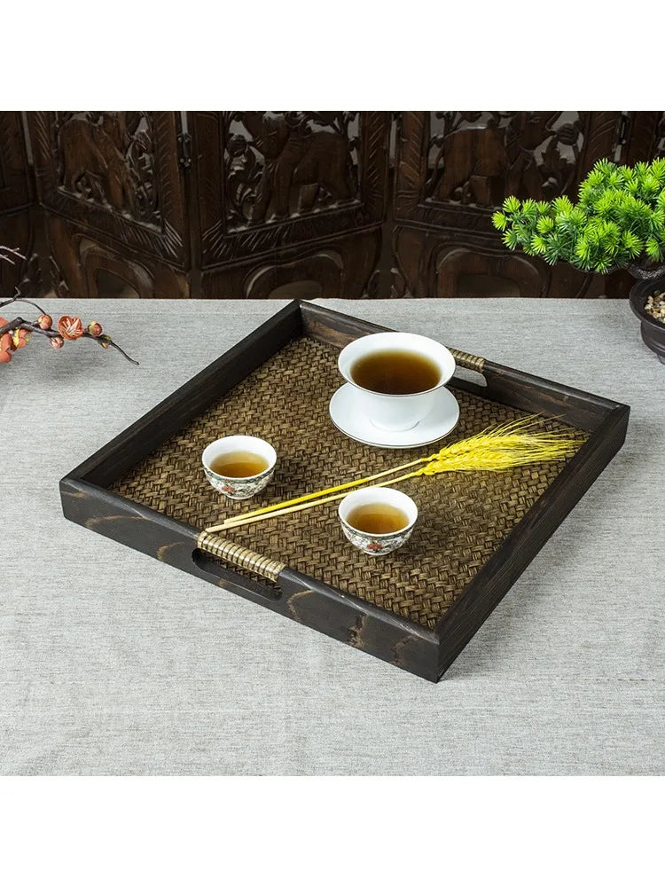 Thai Style Rattan Wooden Tray Southeast Asian Beauty Salon Hotel Tea Cup Storage Serving Tray
