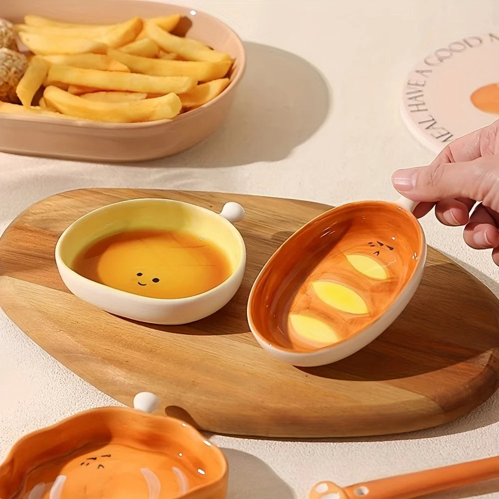 Cute Bread Shaped Ceramic Sauce Dish Creative Home Snack Plate with Handle for Hotpot