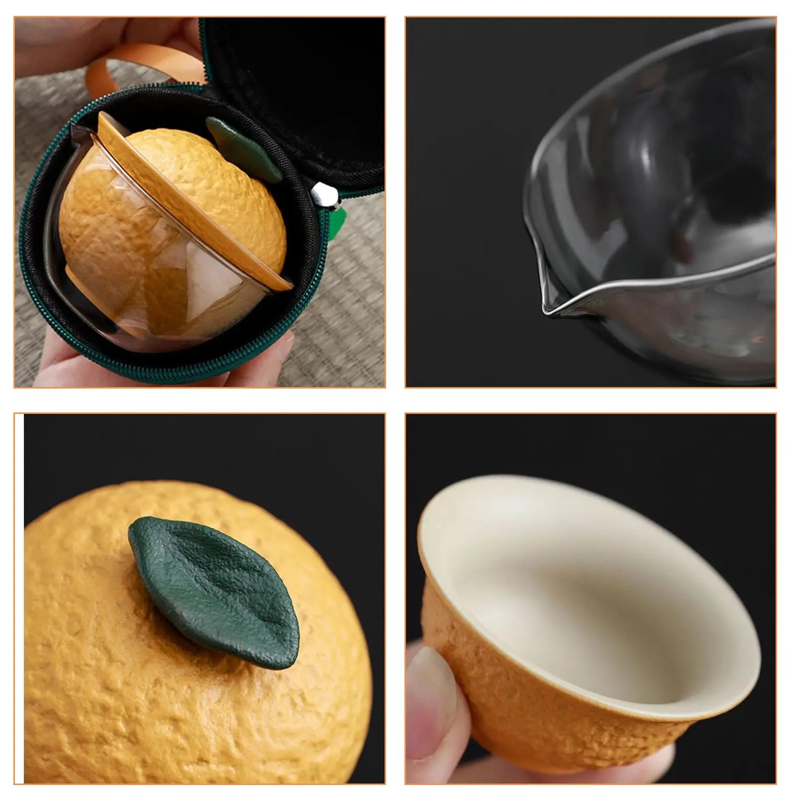 Portable Teapot Set .Travel Kungfu Tea Cup Tangerine Shape Mini Chinese Ceramic Teapot Tea Cup With Travel Bag