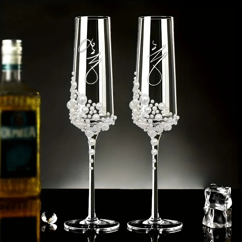 2pcs Elegant Pearl Crystal Champagne Glasses with Cursive Script Design .Handcrafted Clear Glassware for Weddings