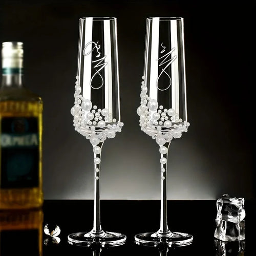 2pcs Elegant Pearl Crystal Champagne Glasses with Cursive Script Design .Handcrafted Clear Glassware for Weddings
