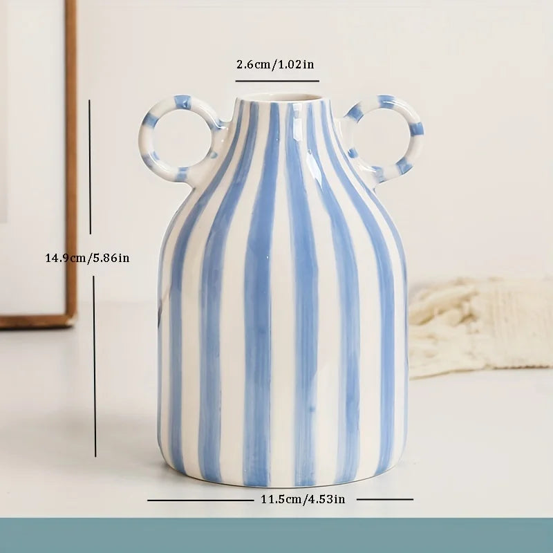 Hand-Painted Ceramic Vase with Dual Handles - Striped, Cylinder Design for Living Room Decor, Earthenware, Decorative Ornaments