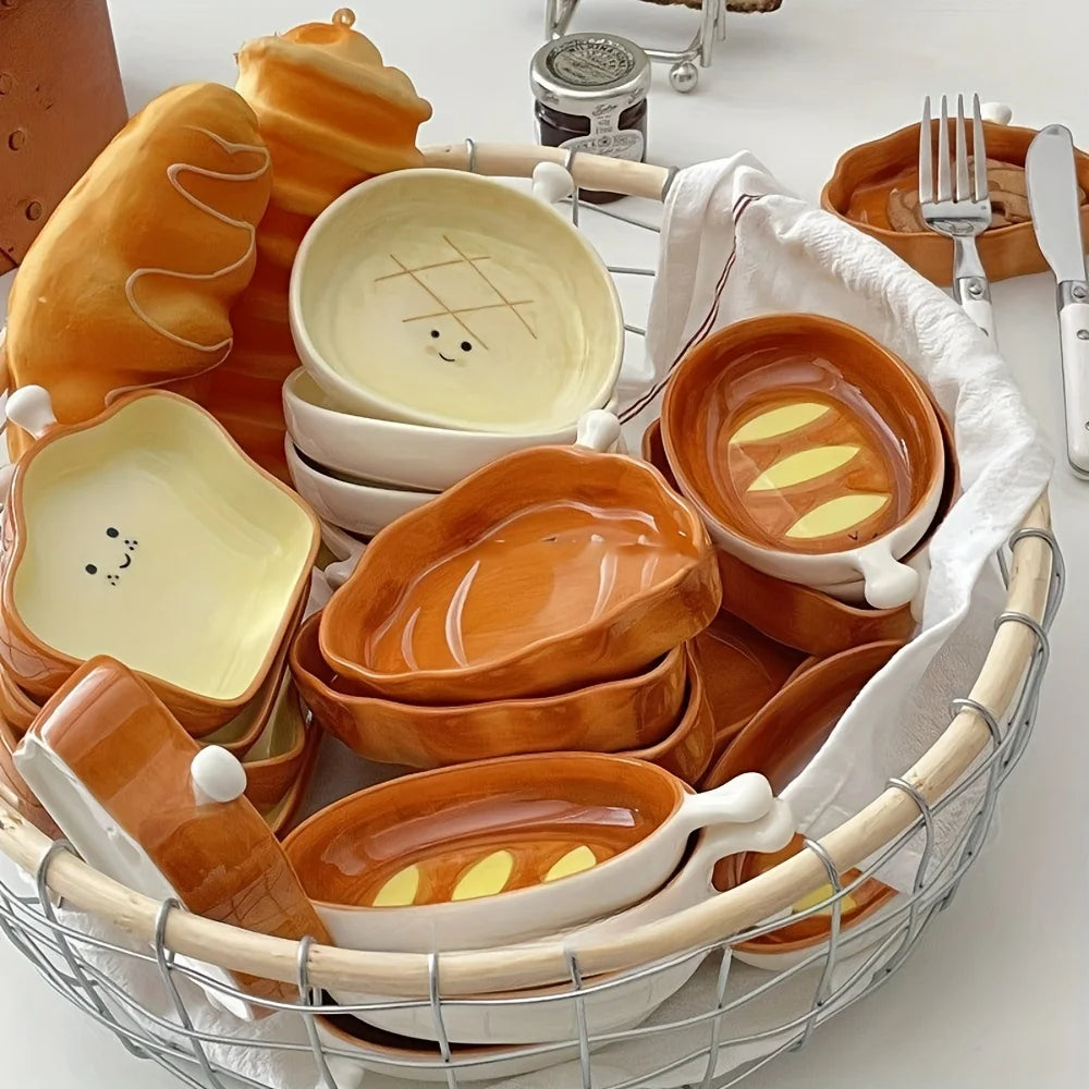 Cute Bread Shaped Ceramic Sauce Dish Creative Home Snack Plate with Handle for Hotpot